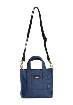 Sac cabas en tissu bleu Vans avec sangle d'épaule noire réglable, deux poignées courtes, couture orange et patchs logo à l'avant.