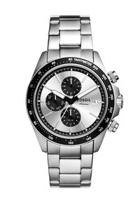 Montre-bracelet en acier inoxydable argenté avec un cadran circulaire, une lunette tachymétrique noire, trois sous-cadrans et un bracelet texturé.
