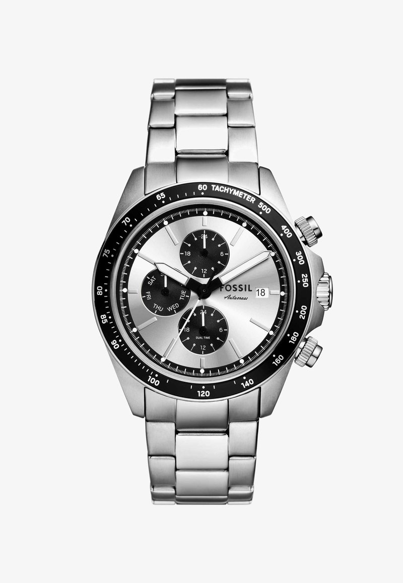 Silver stainless steel wristwatch with a circular face, black tachymeter bezel, three sub-dials, and a textured bracelet.