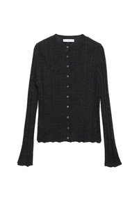 Cardigan côtelé gris foncé avec un col rond, des manches longues et une patte de boutonnage avec des boutons multicolores. Détail d'ourlet festonné.