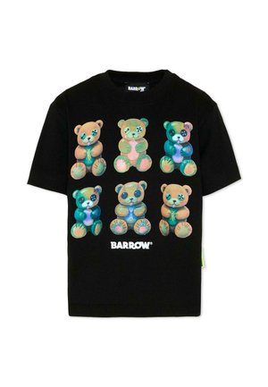 Maglietta nera a maniche corte con sei orsetti multicolori con occhi a bottone, disposti su due file, e la scritta "BARROW" sotto.