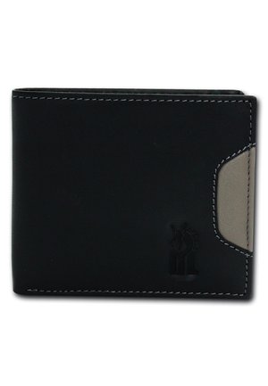 Schwarze Lederbörse mit grauen Akzenten. Verfügt über genähte Kanten, ein geformtes Logo und ein Bifold-Design für Karten und Bargeld.