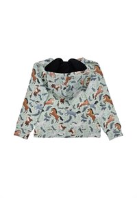 Giacca con cappuccio in verde menta caratterizzata da un motivo giocoso di varie illustrazioni di cavalli tra la vegetazione verde. Fodera nera e polsini a coste.