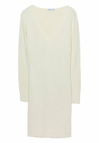 Robe crème à manches longues avec un décolleté en V profond, texture côtelée, longueur au genou et silhouette droite. Design simple sans motifs.