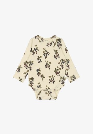 Body a maniche lunghe per bambini realizzato in morbido tessuto beige, con un motivo di more e foglie verdi su tutta la superficie. Chiusura a scatto nella parte inferiore.