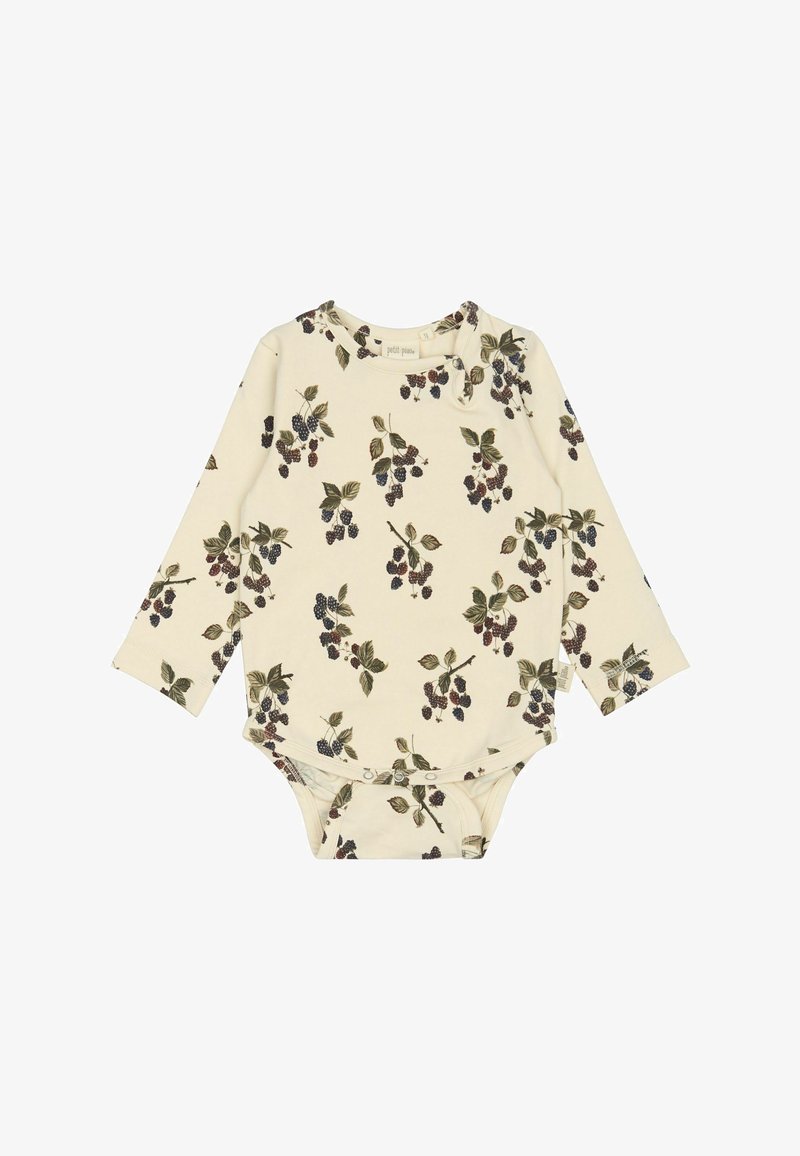 Ilgų rankovių kūdikio bodis, pagamintas iš minkštos smėlio spalvos medžiagos, su juodųjų serbentų ir žalių lapų raštu visame paviršiuje. Užsegimas apačioje.