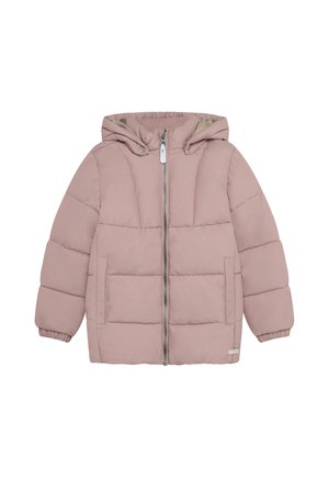Chaqueta acolchada de color rosa claro con capucha, cremallera frontal y dos bolsillos laterales, diseñada para tiempo frío.