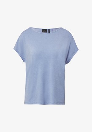 Lichtblauw t-shirt met korte mouwen, gemaakt van een zachte, licht glanzende stof. Heeft een ronde halslijn en een losse, ontspannen pasvorm.