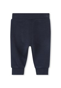 Pantaloni in cotone morbido di colore blu navy con vita e polsini a coste. Presentano una texture liscia e una vita elasticizzata per il massimo comfort.