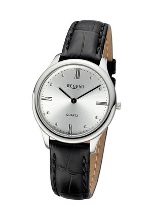 Montre analogique argentée avec des chiffres romains, ornée d'accents en cristal, dotée d'un cadran argenté poli et d'un bracelet en cuir noir à motif crocodile.