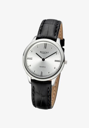 Montre analogique argentée avec des chiffres romains, ornée d'accents en cristal, dotée d'un cadran argenté poli et d'un bracelet en cuir noir à motif crocodile.