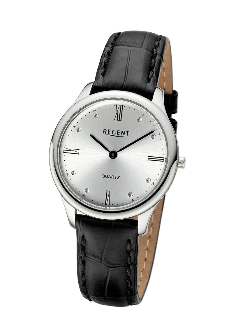 Montre analogique argentée avec des chiffres romains, ornée d'accents en cristal, dotée d'un cadran argenté poli et d'un bracelet en cuir noir à motif crocodile.