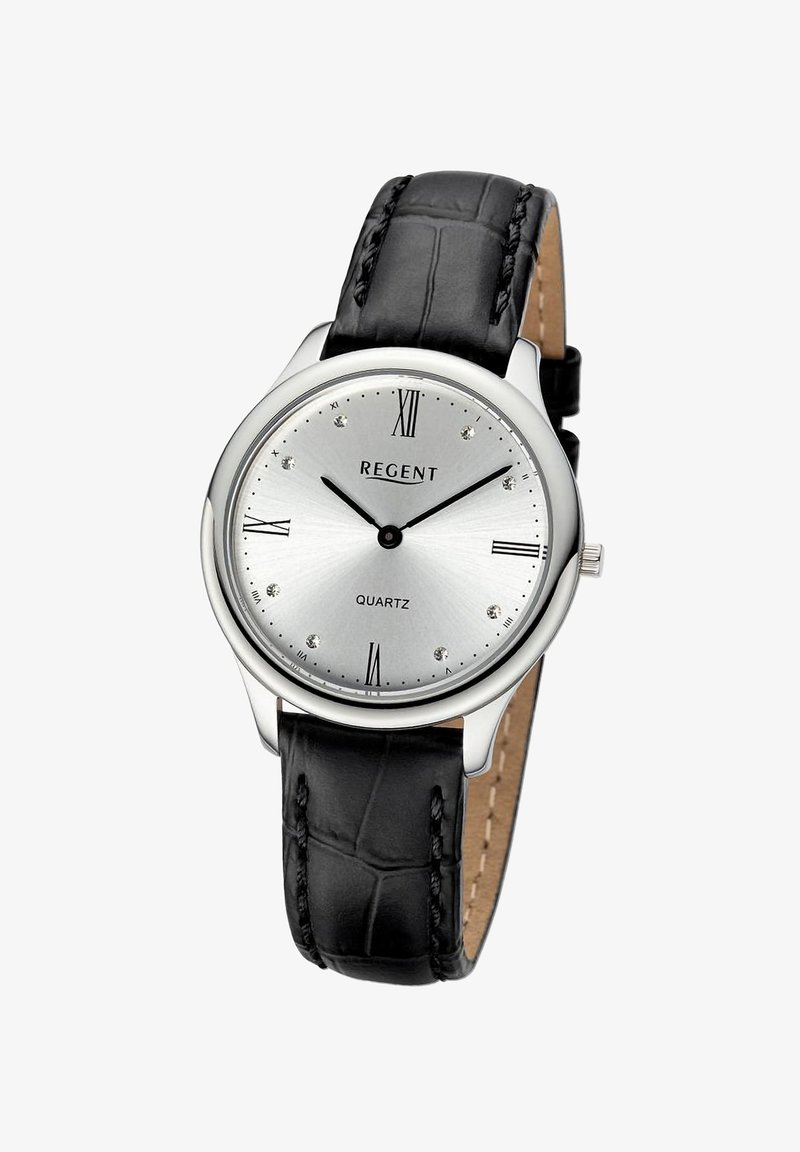 Montre analogique argentée avec des chiffres romains, ornée d'accents en cristal, dotée d'un cadran argenté poli et d'un bracelet en cuir noir à motif crocodile.