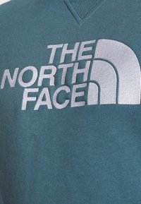 Sudadera color azul verdoso con texto blanco bordado "THE NORTH FACE" y un logotipo, hecha de un tejido suave y texturizado con diseño de cuello en V.