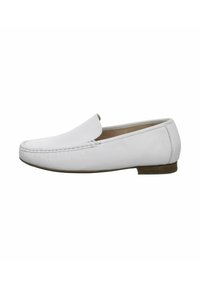 White leather loafers with a rounded toe, slip-on design, minimal stitching, and a flat brown sole. Smooth texture with a clean finish.