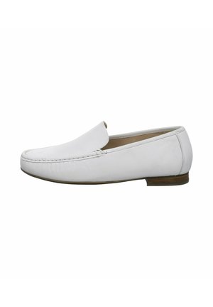 White leather loafers with a rounded toe, slip-on design, minimal stitching, and a flat brown sole. Smooth texture with a clean finish.