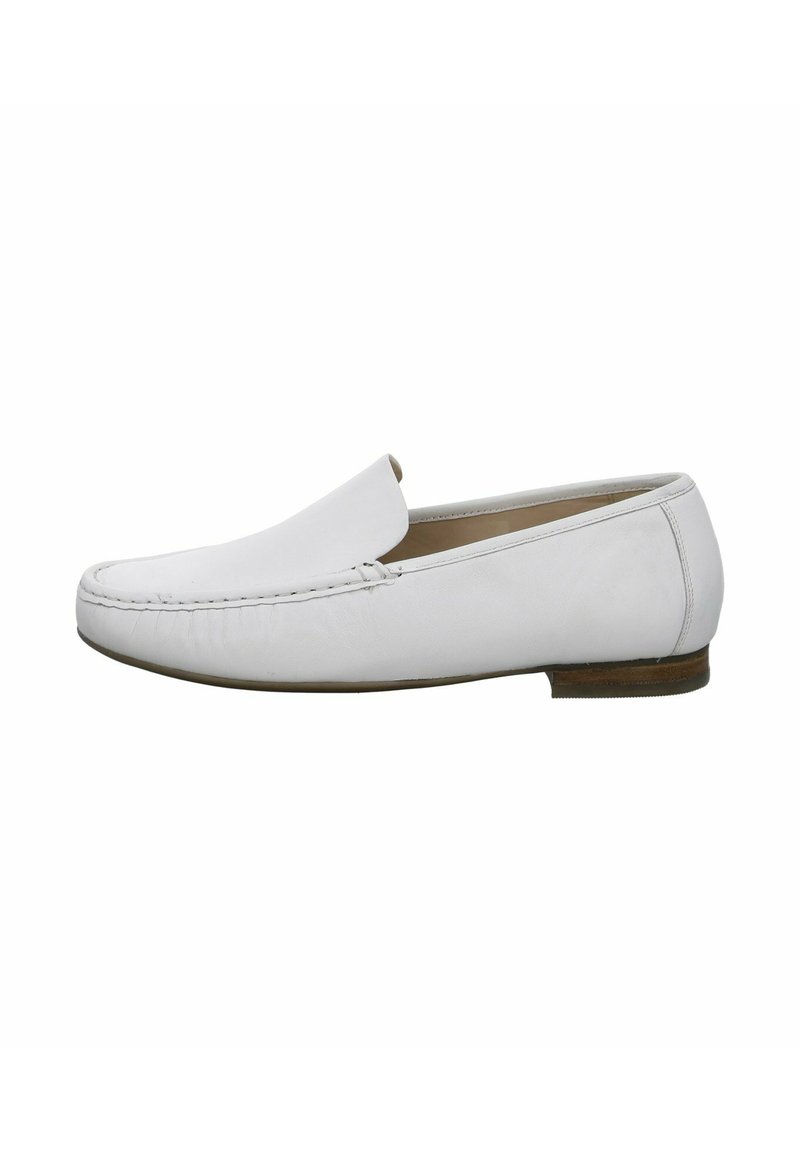 White leather loafers with a rounded toe, slip-on design, minimal stitching, and a flat brown sole. Smooth texture with a clean finish.