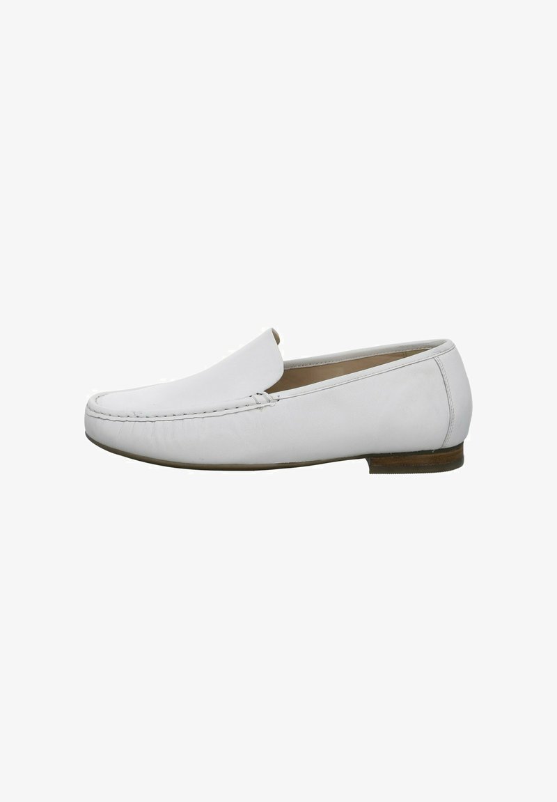 White leather loafers with a rounded toe, slip-on design, minimal stitching, and a flat brown sole. Smooth texture with a clean finish.