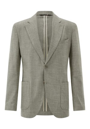 Hellgrauer einreihiger Blazer mit Kerb-Revers, zwei aufgesetzten Taschen vorne, Brusttasche und zwei Knöpfen.