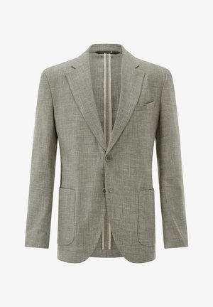 Hellgrauer einreihiger Blazer mit Kerb-Revers, zwei aufgesetzten Taschen vorne, Brusttasche und zwei Knöpfen.