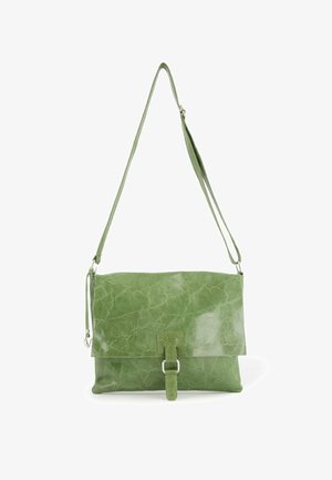 Grøn læder skuldertaske med en blank finish, fold-over flap og en rem med en sølvfarvet spænde lukning. Glat tekstur og blød form.