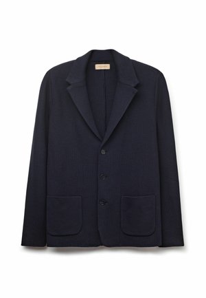 Blazer en tricot marine avec un col à revers, fermeture à trois boutons, deux poches avant et un tissu texturé. Convient pour des tenues décontractées ou semi-formelles.