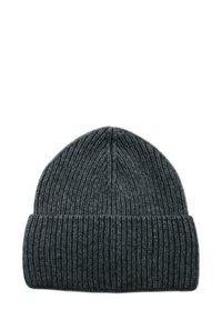 Gray ribbed knit beanie with a rolled cuff and smooth texture, showcasing vertical stripes and a rounded top.