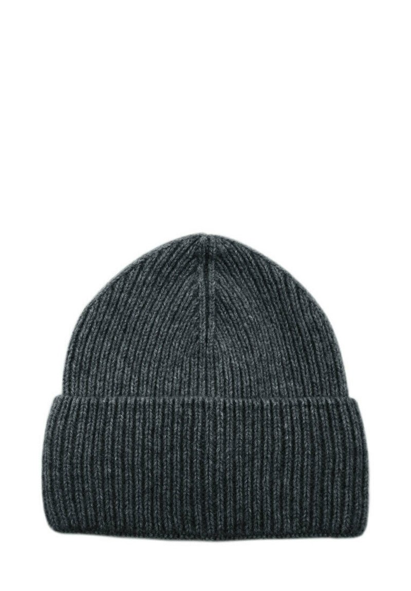 Gray ribbed knit beanie with a rolled cuff and smooth texture, showcasing vertical stripes and a rounded top.