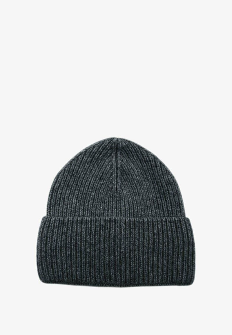 Gray ribbed knit beanie with a rolled cuff and smooth texture, showcasing vertical stripes and a rounded top.