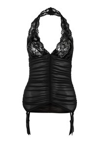 Top negro con un escote de encaje pronunciado, tejido fruncido y lazos ajustables en el bajo. Textura suave con una silueta ajustada.
