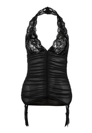 Black top featuring a plunging lace neckline, ruched fabric, and adjustable ties at the hem. Smooth texture with a fitted silhouette.