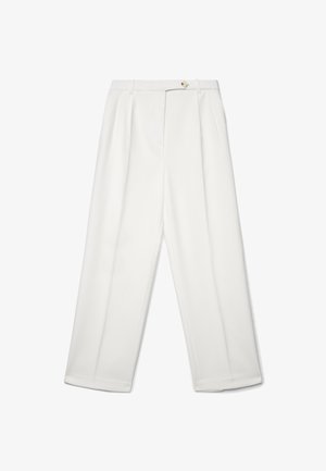 Weiße, hoch taillierte, maßgeschneiderte Hose mit Gürtelschlaufen, Seitentaschen, Falten und Knopfverschluss an der vorderen Bundpartie.