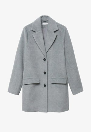 Szary płaszcz z wełny z domieszką, z wyłogowym kołnierzem, jednorzędowym zapięciem i dwoma przednimi kieszeniami. Posiada czarne guziki i teksturowane wykończenie.
