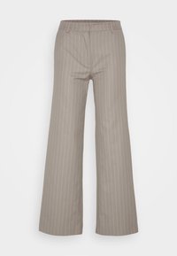 Lichtbruine wijde broek met verticale witte streepjes, met een gladde textuur, frontzakken en een op maat gemaakte tailleband.