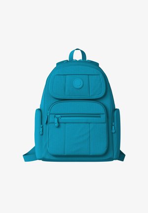 Teal fabric backpack with multiple pockets, flat front, padded back, and adjustable straps. Features a logo patch at the top.
