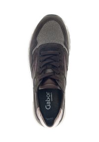 Brown athletic shoe with mesh and suede material, rounded toe, laced design, and light-colored outsole. Features "Gabor comfort" logo inside.