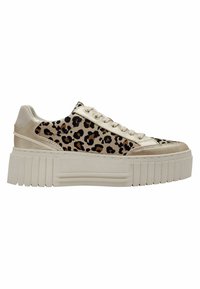 Sneaker platform con tomaia in pelle beige e stampa leopardo, dotate di una suola bianca spessa con dettagli scanalati e lacci piatti.