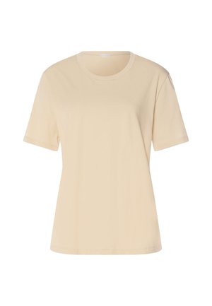 Beige T-Shirt mit kurzen Ärmeln, Rundhalsausschnitt, geradem Saum und lockerem Schnitt vor weißem Hintergrund.