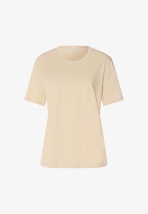 Beige T-Shirt mit kurzen Ärmeln, Rundhalsausschnitt, geradem Saum und lockerem Schnitt vor weißem Hintergrund.
