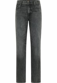 Raka svarta jeans i blekt denim med klassisk femfickorsdesign och knäppning i midjan.