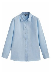 Camicia azzurra chiara a maniche lunghe con bottoni, realizzata in un tessuto liscio, caratterizzata da un colletto a punta e una leggera lucentezza. I bottoni sono di colore argento e distribuiti in modo uniforme.
