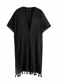 Czarny kaftan z krótkimi rękawami, dekoltem w serek, srebrnym paskowanym wzorem i chwostami na hemie. Lekka, przezroczysta tkanina.