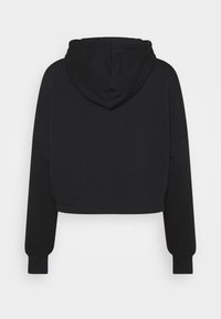 Sweat à capuche noir court avec manches longues et capuche, vu de dos sur un fond blanc uni.