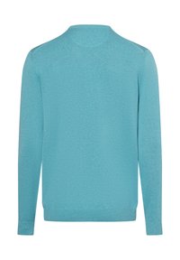 Lichtblauwe sweater, ronde hals, lange mouwen, gemaakt van zachte brei- stof, met een eenvoudig ontwerp en geribde manchetten en zoom.