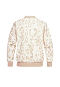 Bluza w serek w panterkę w odcieniach kremu i beżu, z długimi rękawami, prążkowanym dekoltem i dopasowanymi mankietami. Teksturowany materiał z odważnymi wzorami.