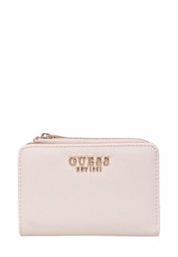 Portafoglio beige pallido realizzato in morbida pelle sintetica, con logo dorato e chiusura a zip. Forma rettangolare compatta con bordi arrotondati.