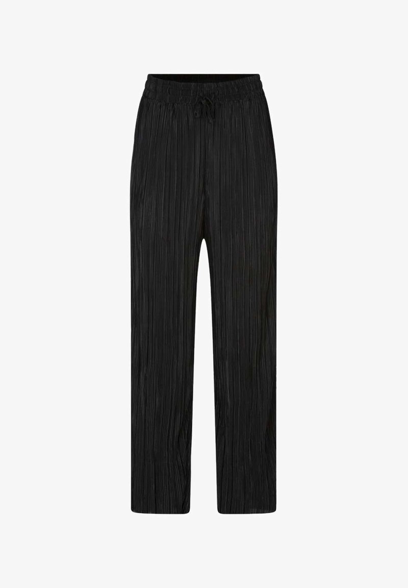 Pantalon large noir plissé avec taille élastique et cordon de serrage, présenté sur un fond blanc.