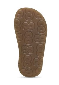 Skosula, brunt gummimaterial, rund texturerad yta med åttaförmiga intryck, platt design, rundade kanter, slät finish.