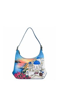 Hobo-tas met een blauwe schouderband, voorzien van een kleurrijk schilderij van kustarchitectuur en bloemen in levendige roze en blauwe tinten.