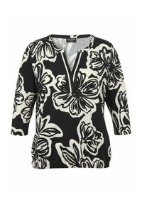 Schwarz-weiße Bluse mit Blumenmuster, V-Ausschnitt, 3/4-Ärmeln und gerafftem Bund. Glattes Material mit kräftigen Blumenmustern.